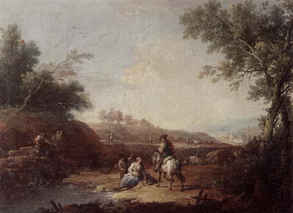 Giuseppe Zais An italianate landscape with fishermen and travellers resting beside a pool china oil painting image